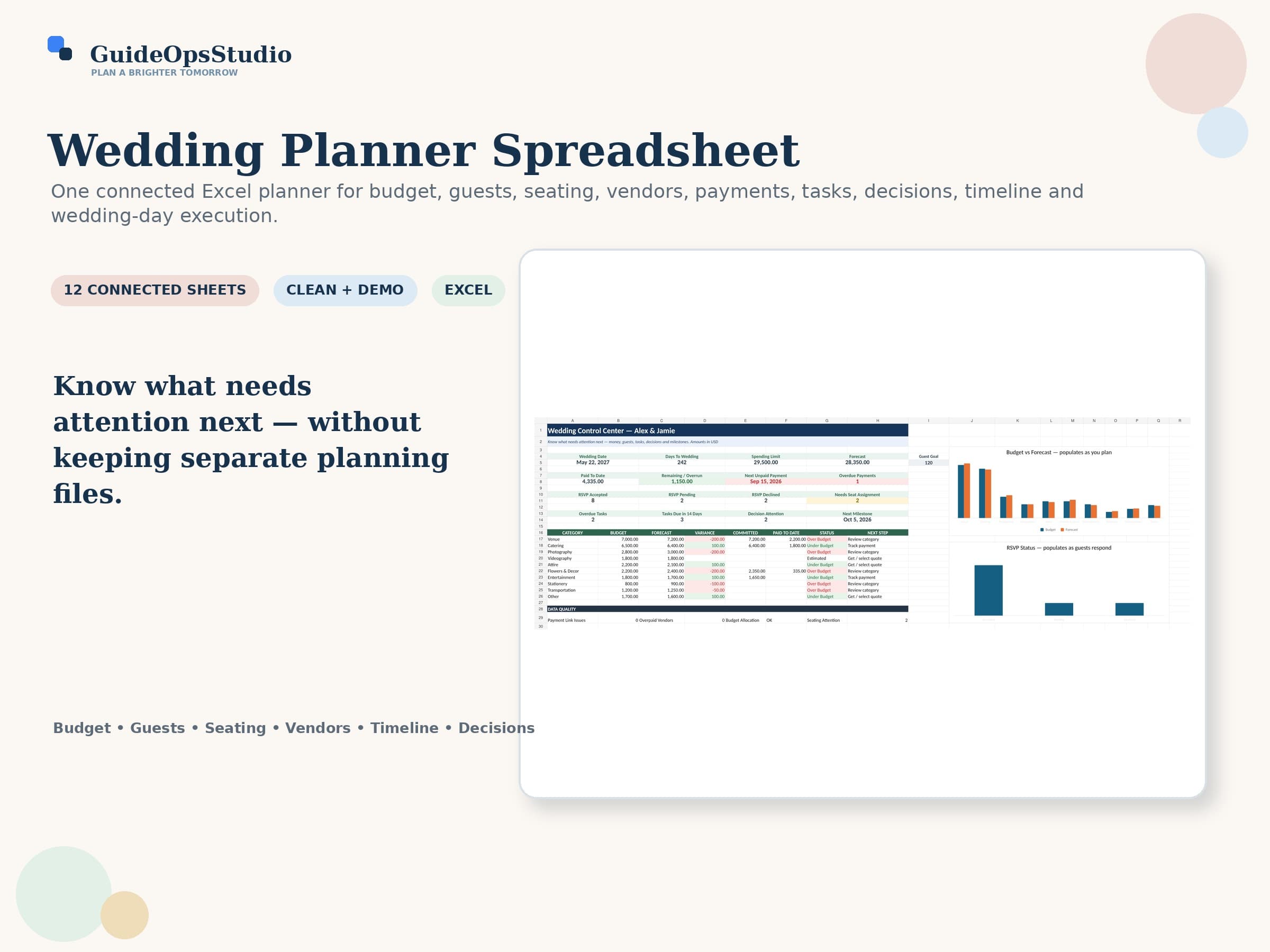 Wedding Planner Spreadsheet control center and planning workbook preview